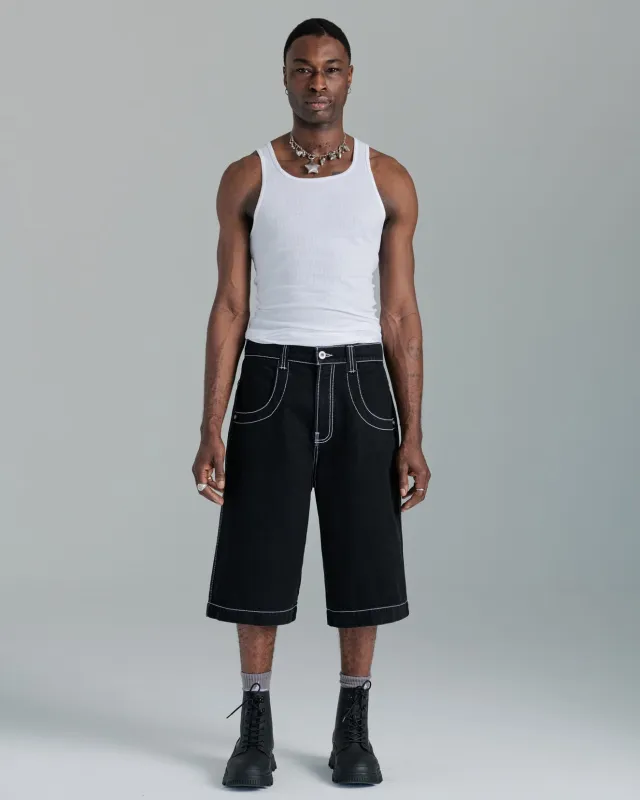101 Twin Cannon Shorts. 14". Black/Silver J. sold by JNCO