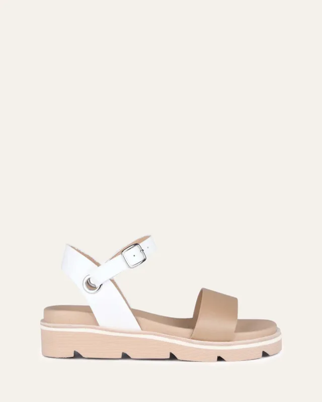 ILLUSION FLAT WEDGE SANDALS WHITE TAN LEATHER sold by Jo Mercer
