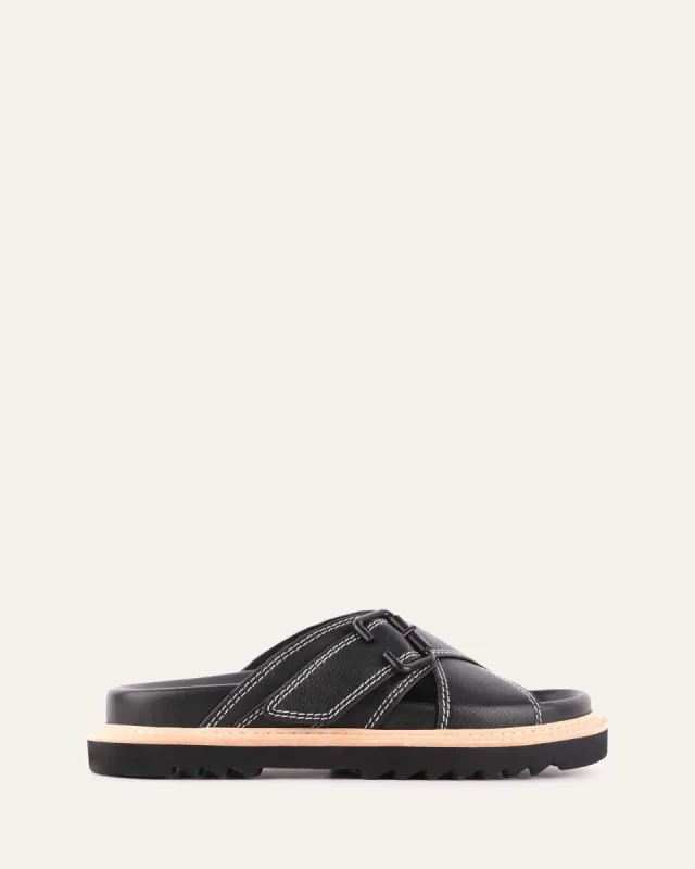 VENOM FLAT SLIDE SANDALS BLACK LEATHER sold by Jo Mercer