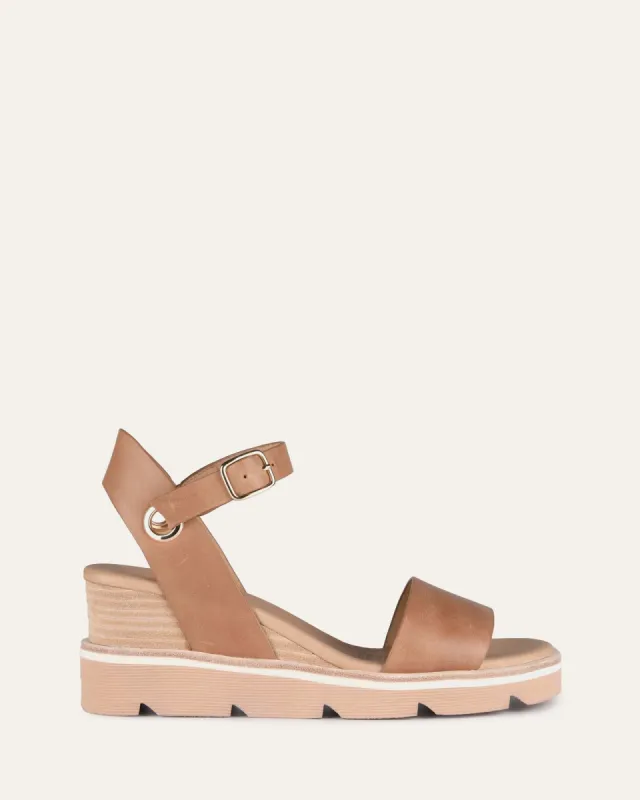 KATIE MID HEEL WEDGE SANDALS TAN LEATHER sold by Jo Mercer