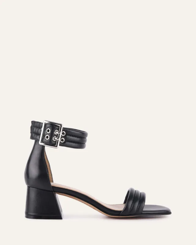 LYRIC MID HEEL SANDALS BLACK LEATHER sold by Jo Mercer