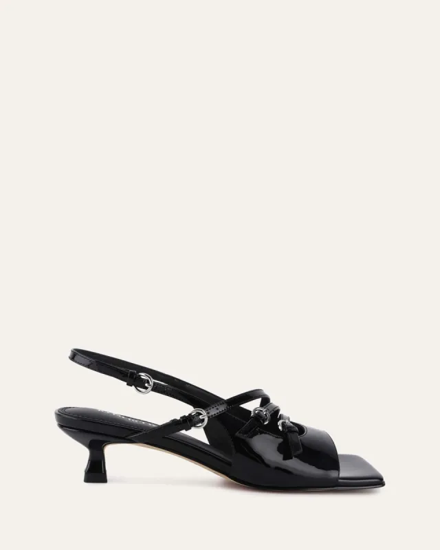 MONICA MID HEEL SANDALS BLACK PATENT sold by Jo Mercer