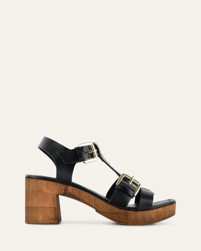 CATERINA MID HEEL CLOG SANDALS BLACK LEATHER sold by Jo Mercer