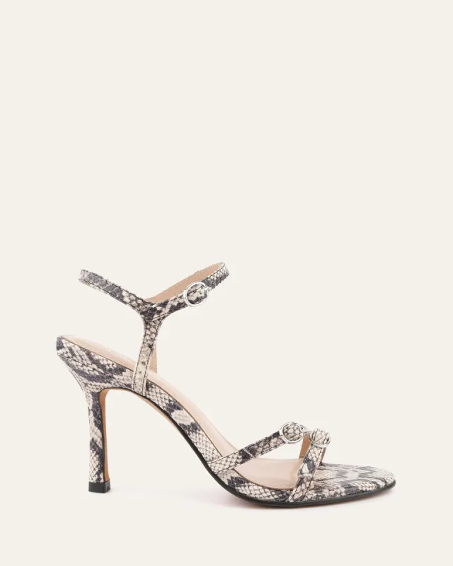ROMY HIGH HEEL SANDALS NATURAL SNAKE PRINT LEATHER sold by Jo Mercer
