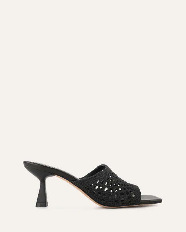 JORDYN MID HEEL SANDALS BLACK TEXTILE sold by Jo Mercer