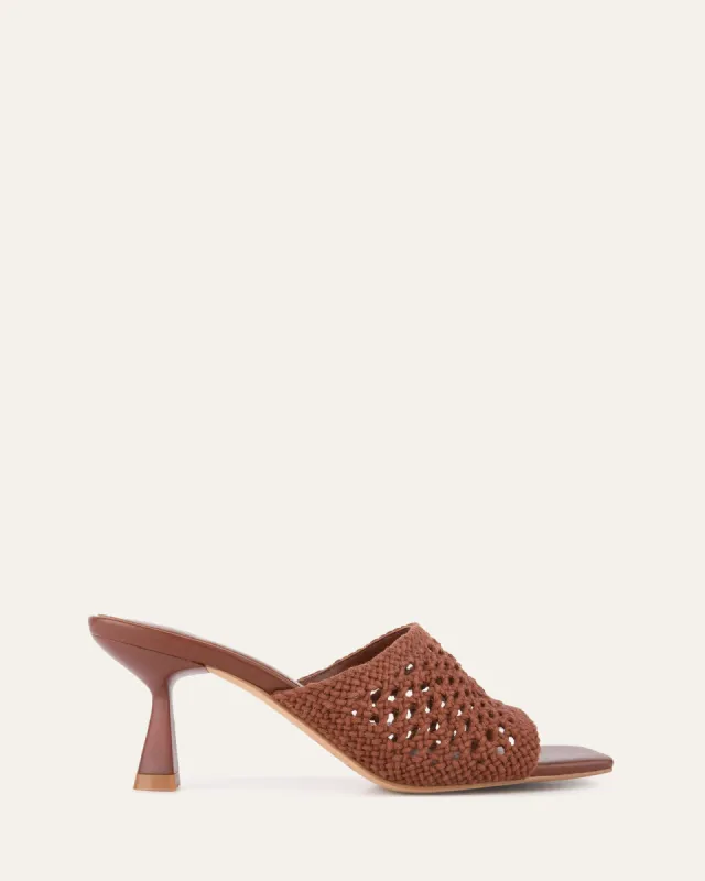 JORDYN MID HEEL SANDALS COGNAC TEXTILE sold by Jo Mercer