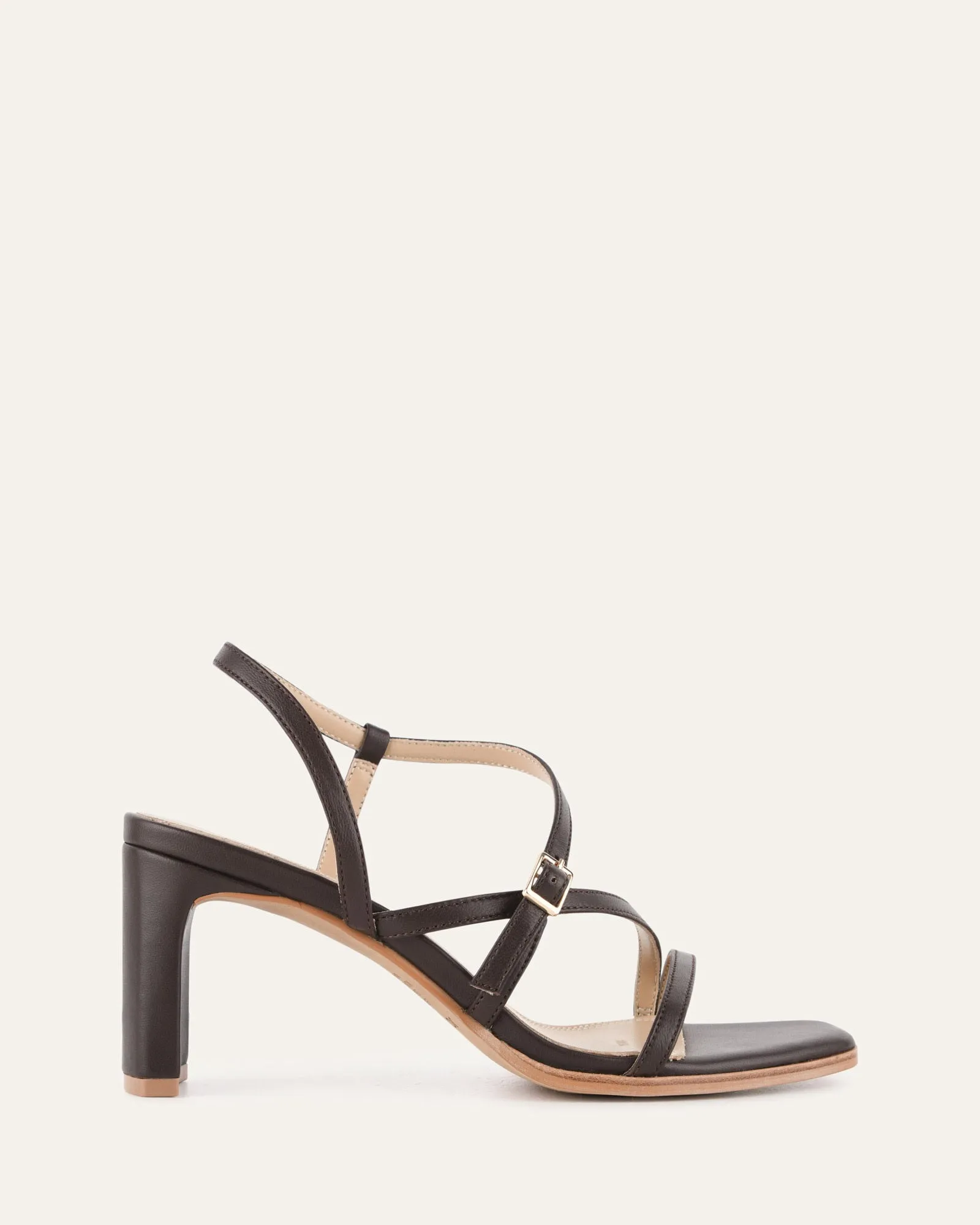 NALA MID HEEL SANDALS BITTER CHOC LEATHER sold by Jo Mercer