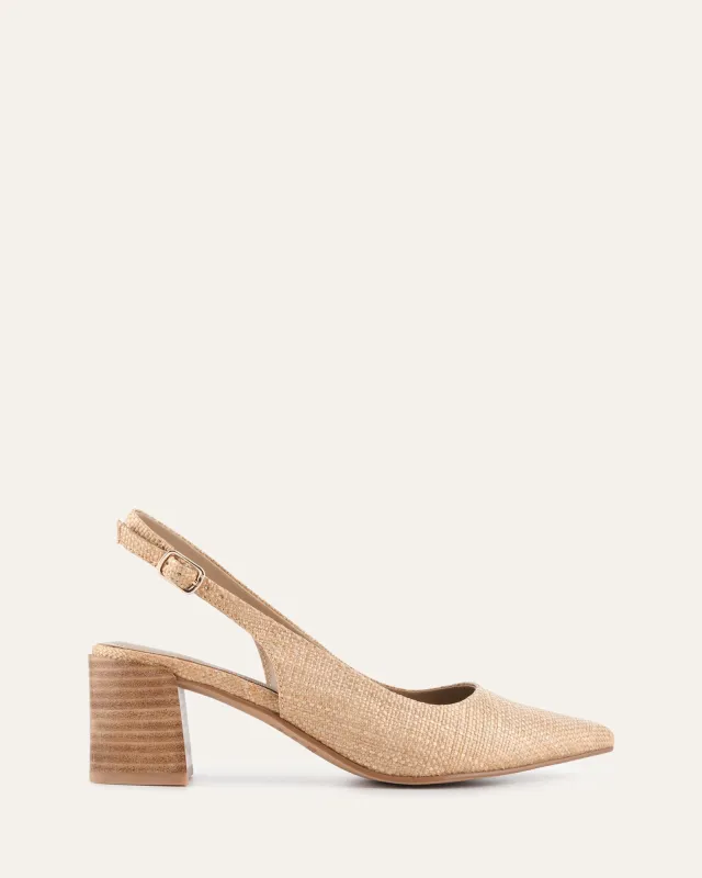 CARA LOW HEELS TAN RAFFIA sold by Jo Mercer