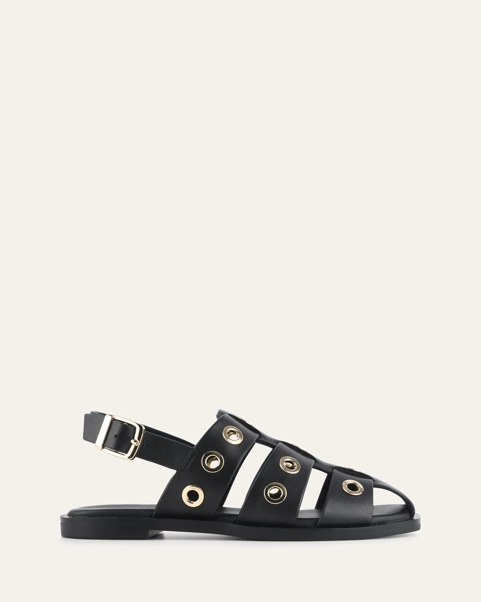 SAFFI FLAT SANDALS BLACK LEATHER sold by Jo Mercer