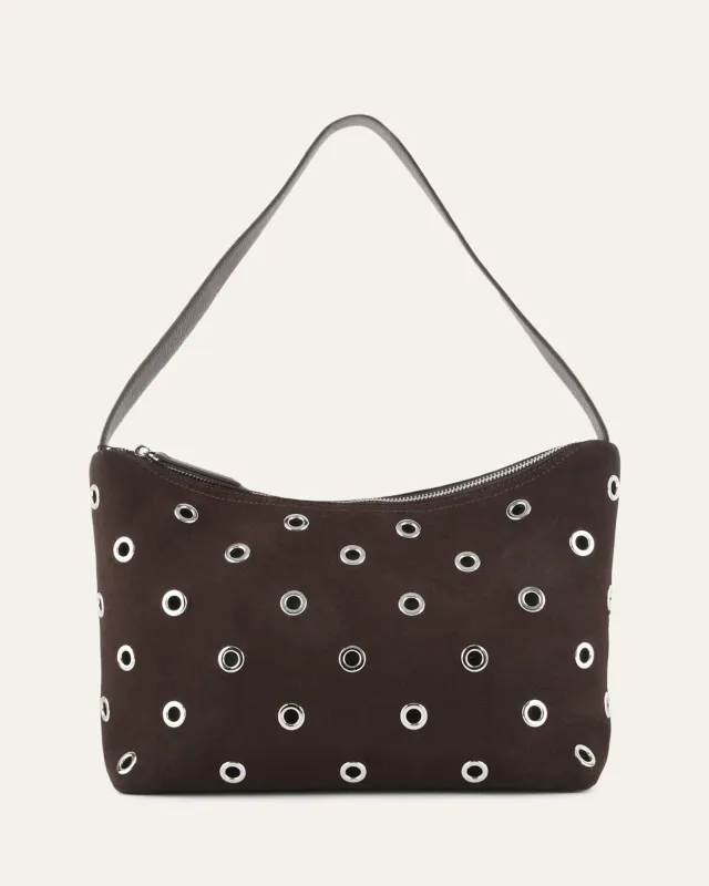 MORRIS SHOULDER BAG BITTER CHOC SUEDE sold by Jo Mercer