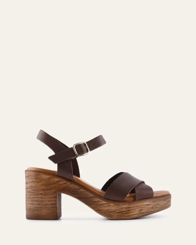 QUARTZ MID HEEL SANDALS CHOCOLATE LEATHER sold by Jo Mercer