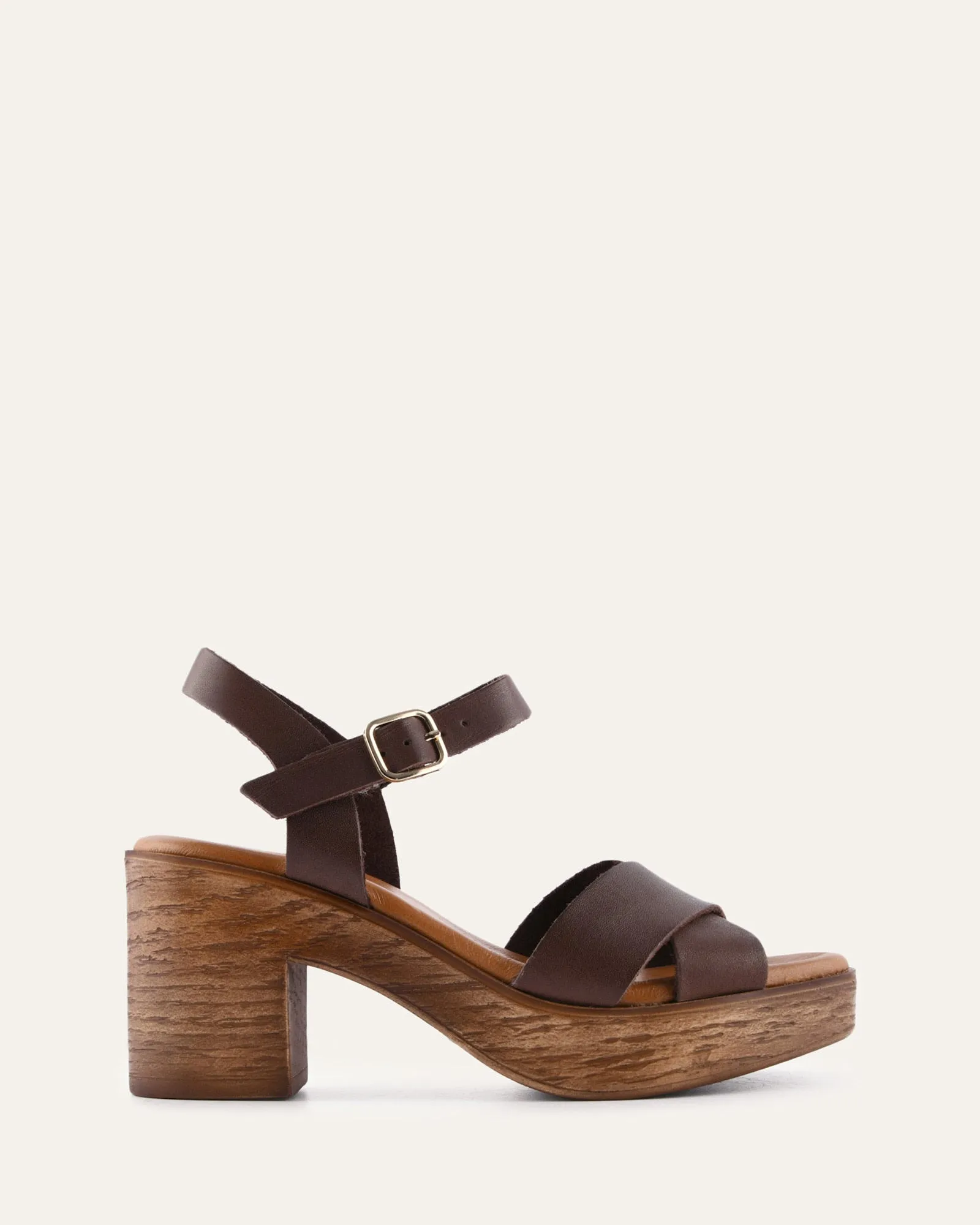 QUARTZ MID HEEL SANDALS CHOCOLATE LEATHER sold by Jo Mercer