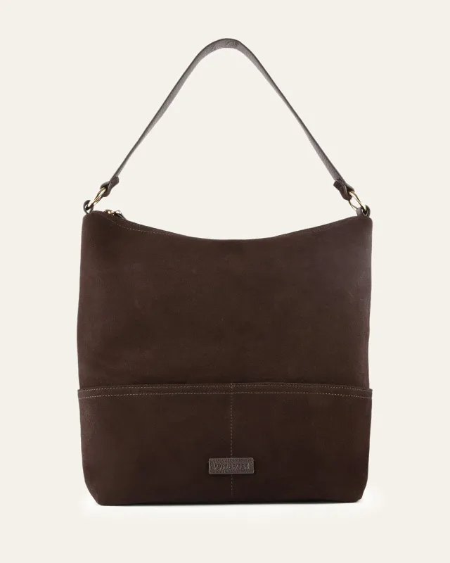 MICAH SHOULDER BAG BITTER CHOC SUEDE made by Jo Mercer