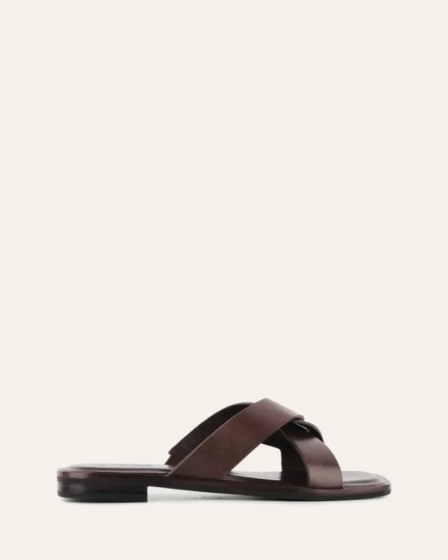 PIPER FLAT SLIDES CHOCOLATE LEATHER sold by Jo Mercer