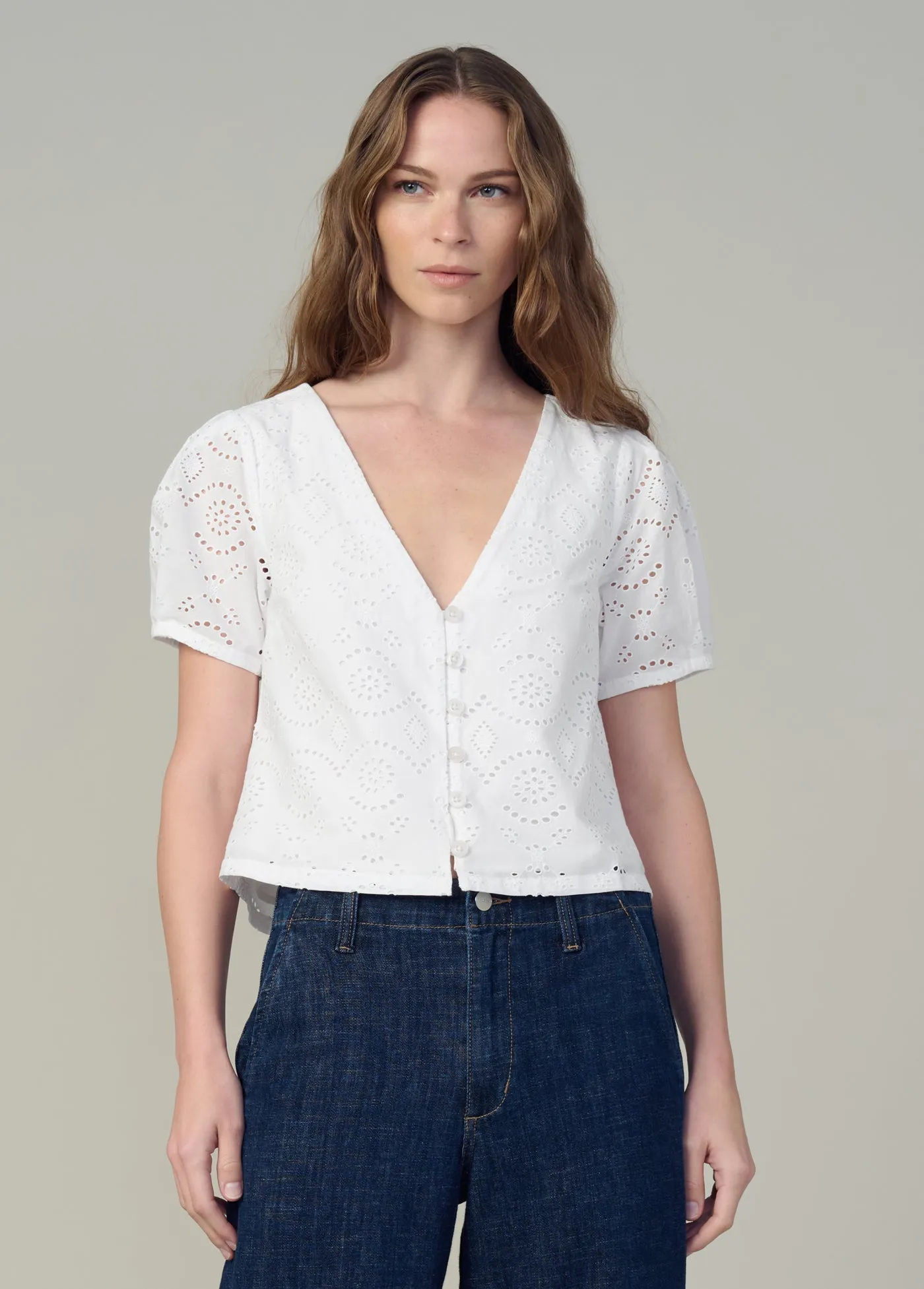 THE HALLE SHORT SLEEVE EYELET BLOUSE sold by Joe's Jeans