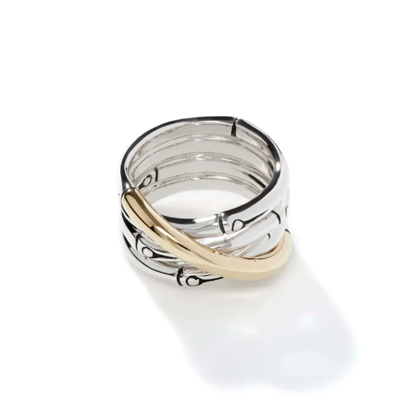 Bamboo Crossover Ring, Sterling Silver, Gold|RZ5939 sold by John Hardy