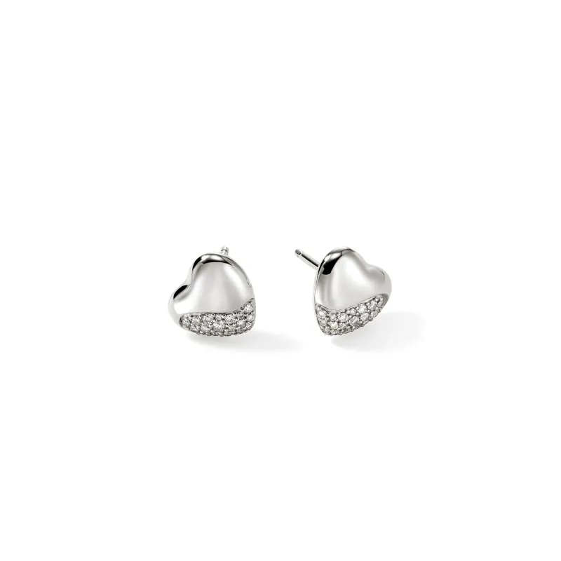 Pebble Heart Stud Earrings, Silver, Diamonds|EBP9012342DI sold by John Hardy