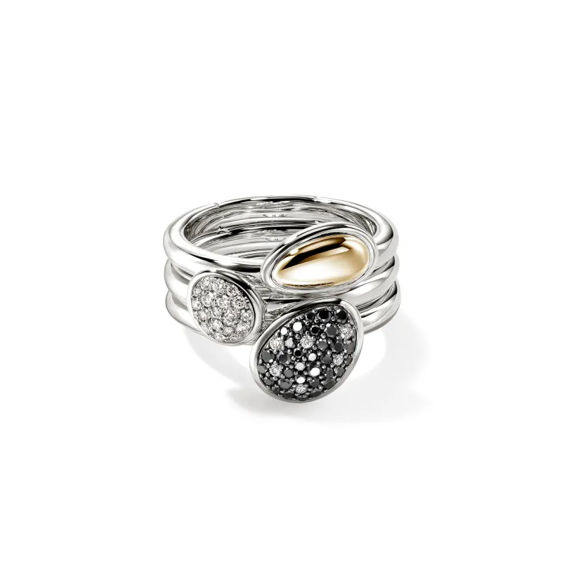 Pebble Stacking Rings, Sterling Silver, Gold, Black Sand Diamond Pavé|RZZP987482MDI sold by John Hardy