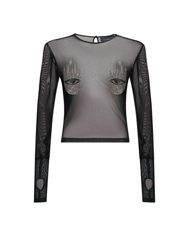 Top trasparente con dettagli gioiello ricamati sold by John Richmond