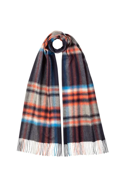 Wide Cashmere Navy Check Scarf sold by Johnstons of Elgin