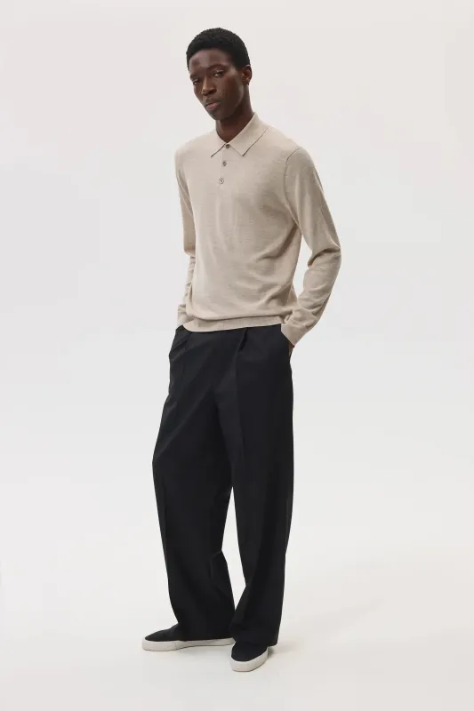 Merino Long Sleeve Natural Polo Shirt made by Johnstons of Elgin