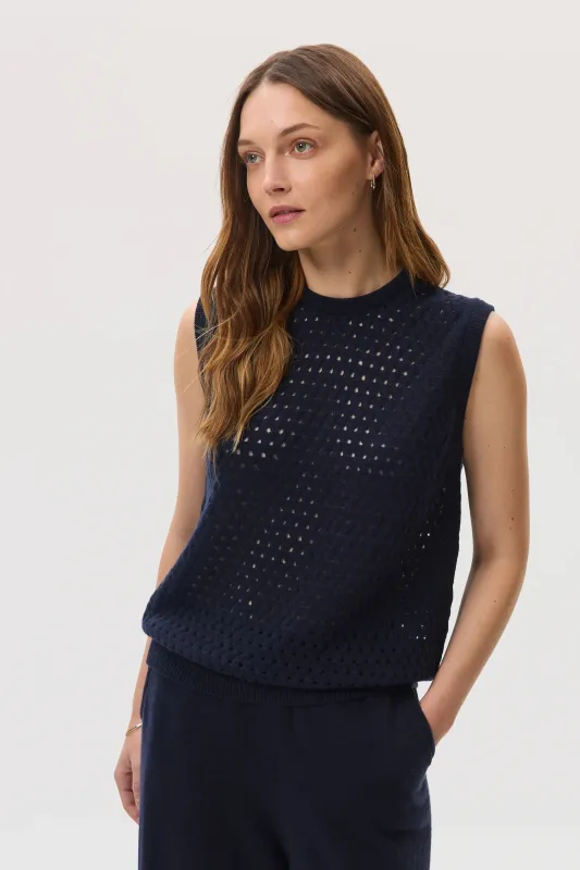 Open Basketweave Dark Navy Cashmere Tank sold by Johnstons of Elgin