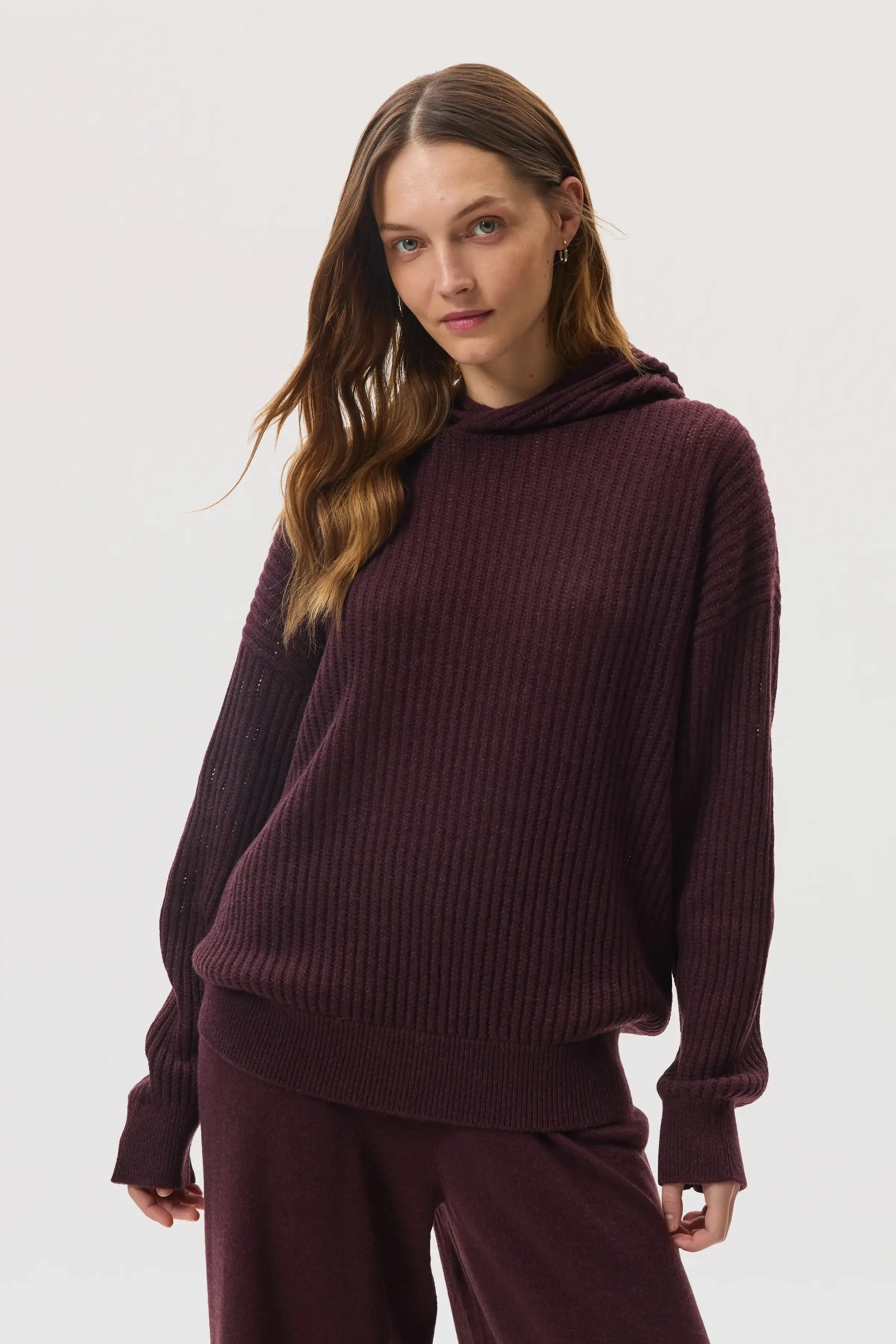 Mesh Rib Deep Red Cashmere Hoodie sold by Johnstons of Elgin