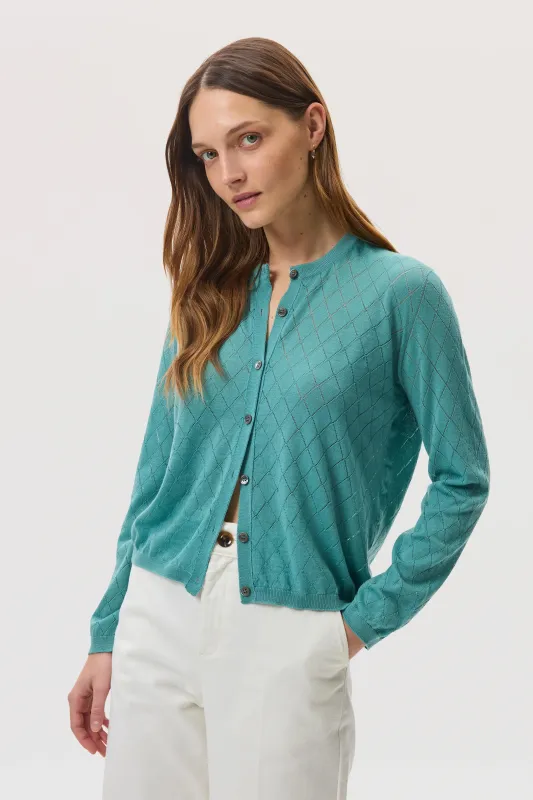 Superfine Merino Pointelle Argyle Green Cardigan sold by Johnstons of Elgin