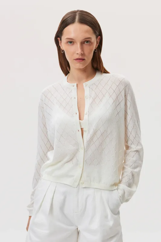 Superfine Merino Pointelle Argyle White Cardigan sold by Johnstons of Elgin