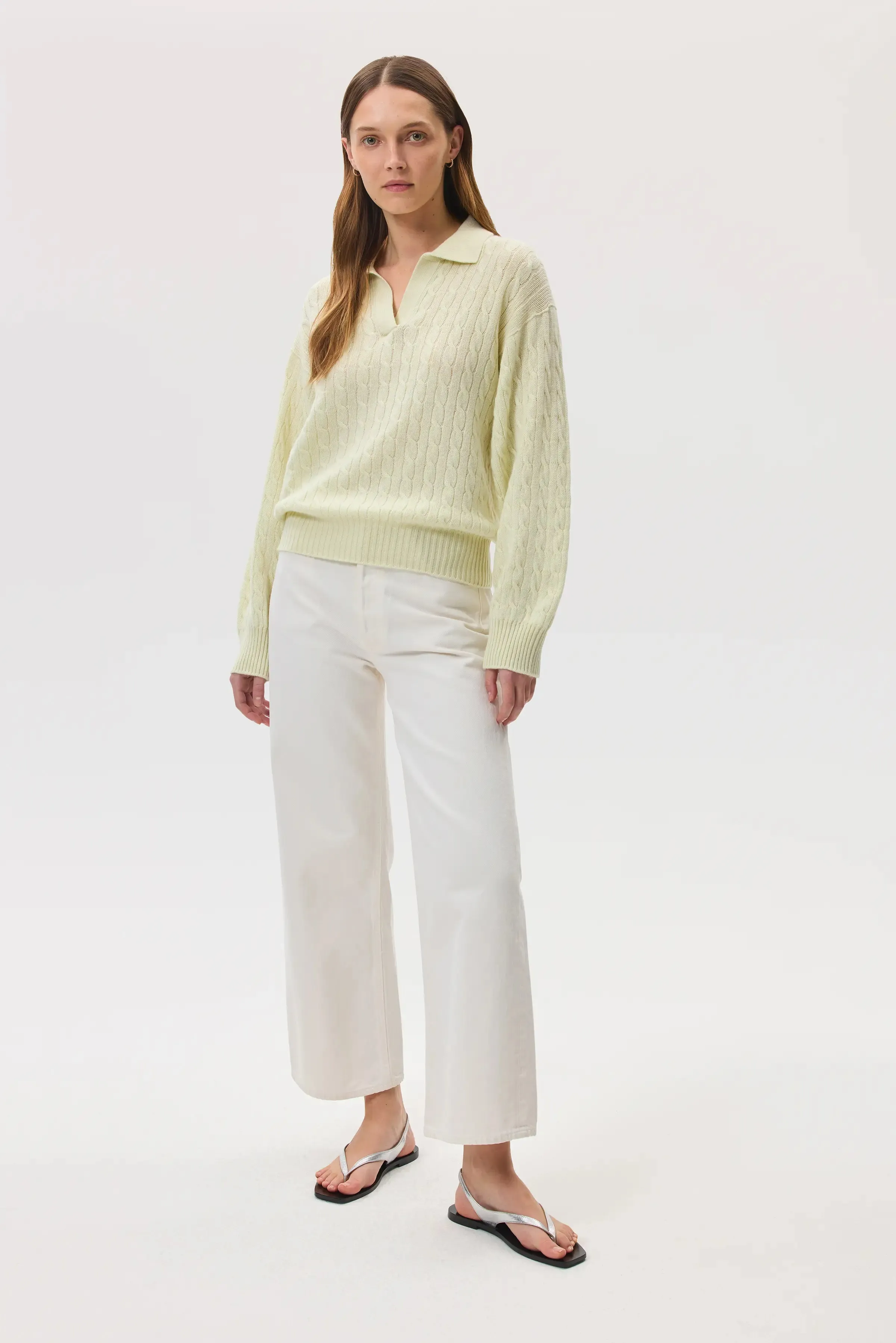 Cropped Cable Light Yellow Cashmere Jumper sold by Johnstons of Elgin product image thumbnail 2