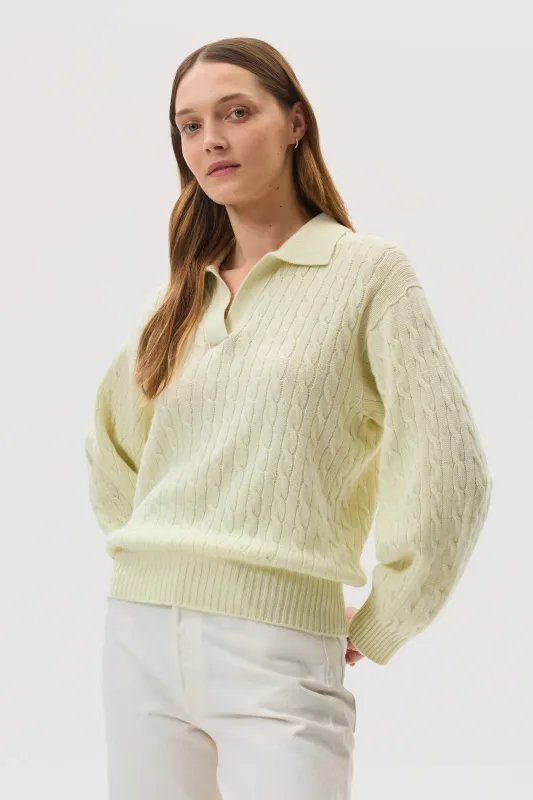 Cropped Cable Light Yellow Cashmere Jumper sold by Johnstons of Elgin