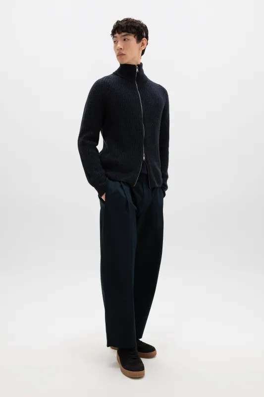 Donegal Cashmere Ribbed Dark Navy Zip Cardigan sold by Johnstons of Elgin