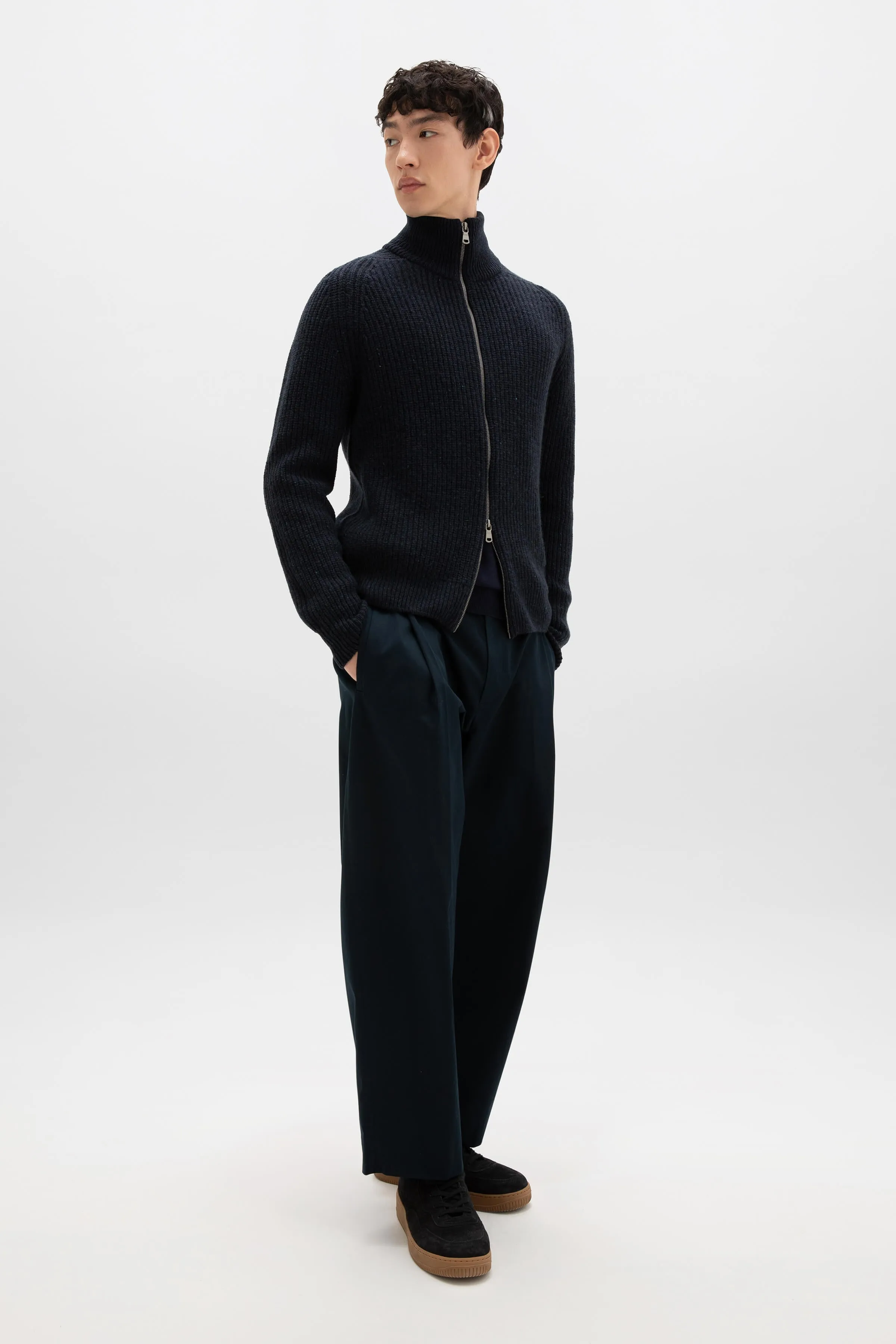 Donegal Cashmere Ribbed Dark Navy Zip Cardigan sold by Johnstons of Elgin