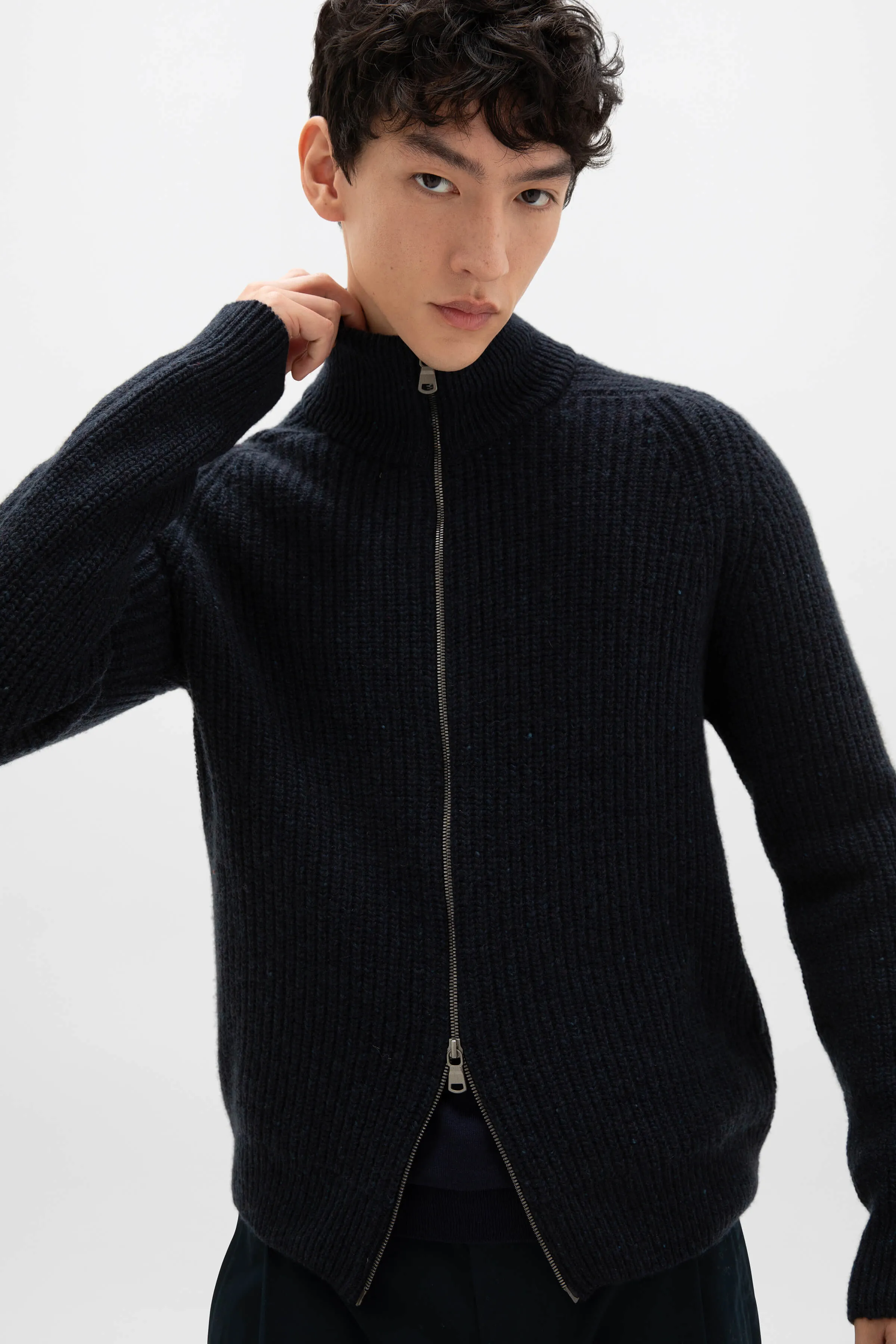 Donegal Cashmere Ribbed Dark Navy Zip Cardigan sold by Johnstons of Elgin product image thumbnail 2