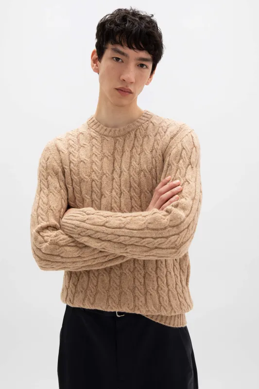 Donegal Cable Knit Camel Jumper sold by Johnstons of Elgin