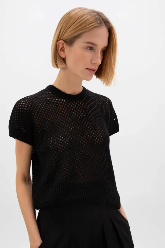 Crochet Cashmere Black T-Shirt sold by Johnstons of Elgin