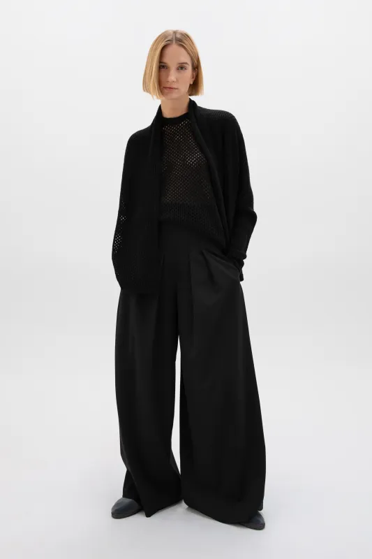 Crochet Cashmere Black Shawl Collar Cardigan sold by Johnstons of Elgin