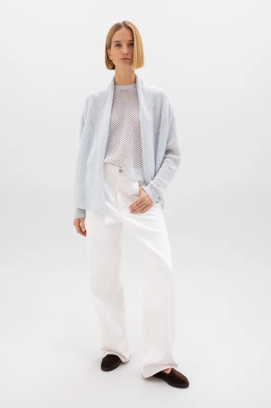 Crochet Light Blue Cashmere Shawl Collar Cardigan sold by Johnstons of Elgin