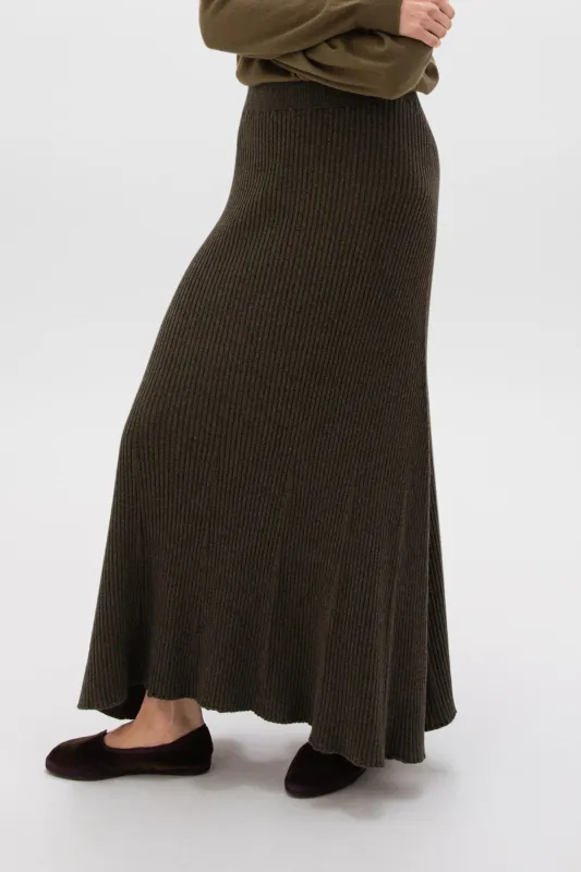 Ribbed Olive Green Cashmere Skirt sold by Johnstons of Elgin