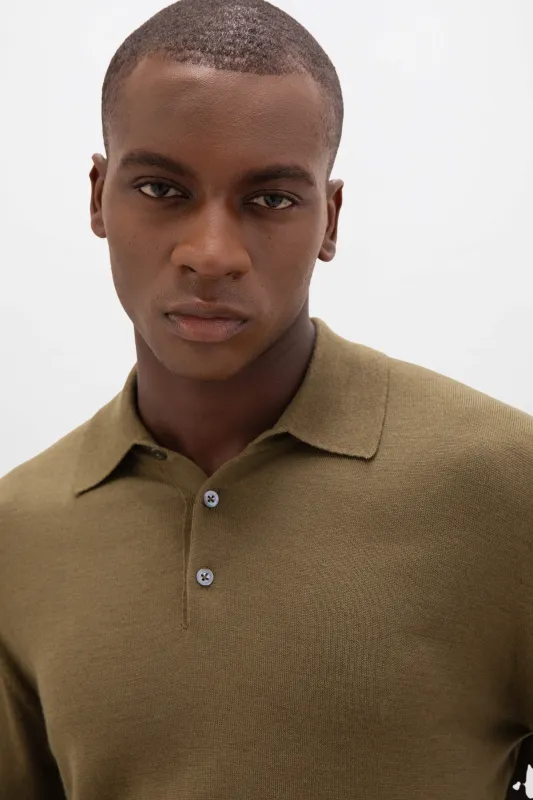 Merino Long Sleeve Olive Green Poloshirt made by Johnstons of Elgin