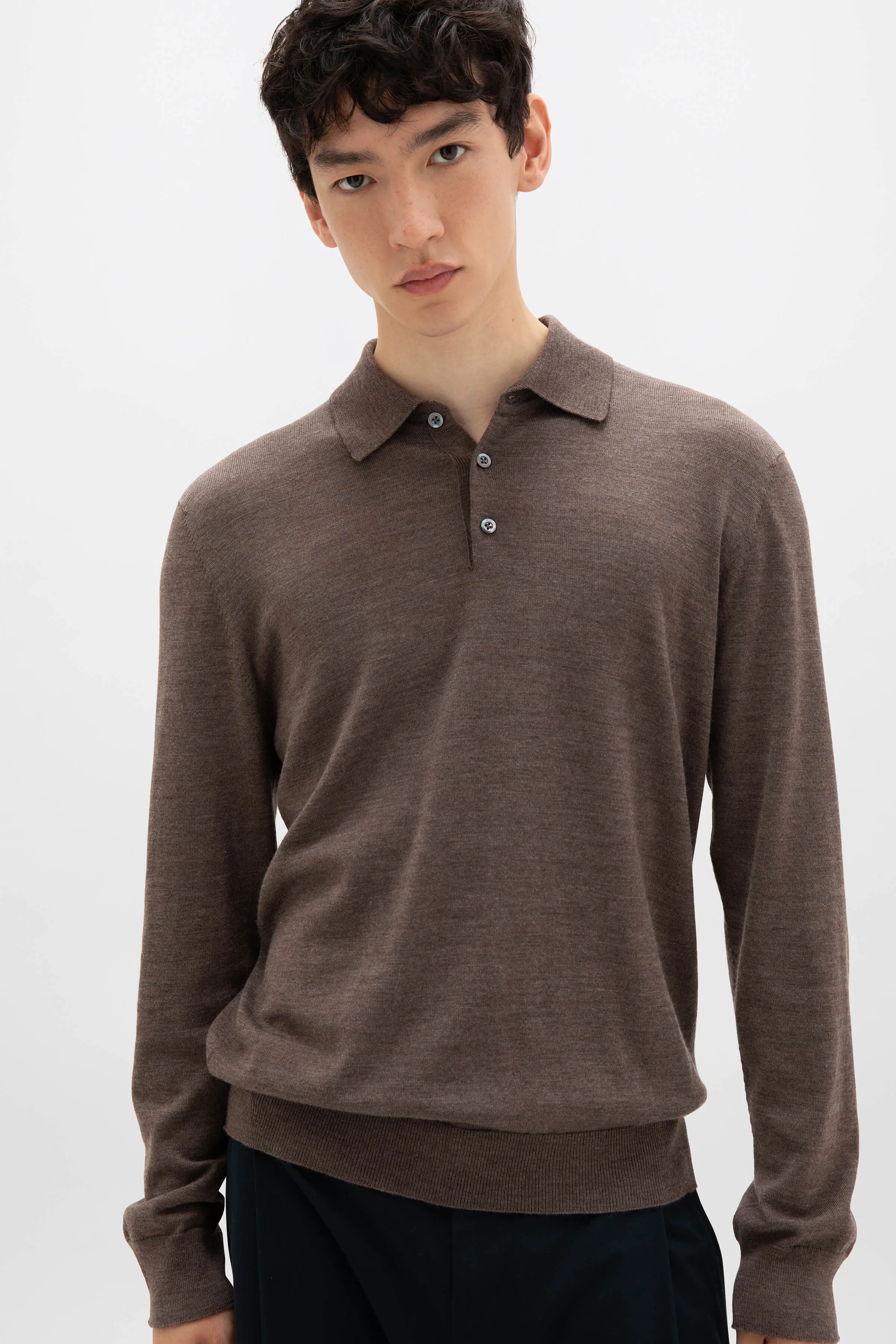 Merino Long Sleeve Light Brown Polo Shirt sold by Johnstons of Elgin product image thumbnail 3