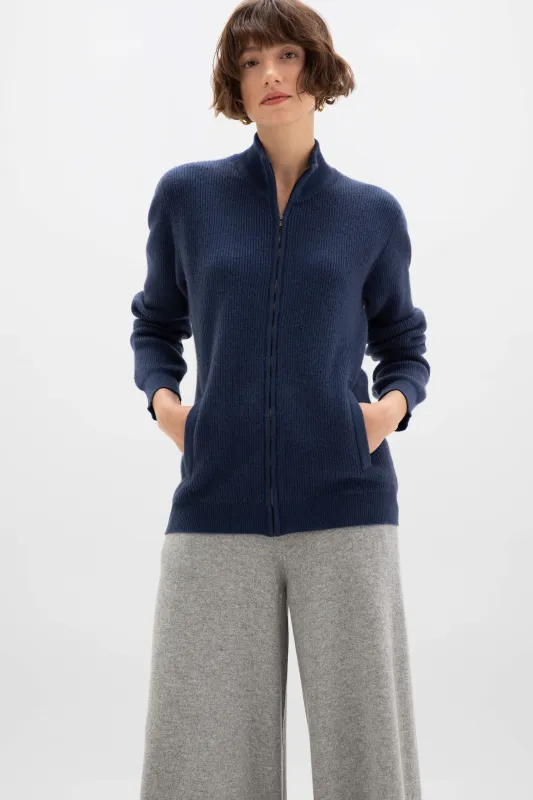 Ribbed Cashmere Mid Blue Cardigan sold by Johnstons of Elgin