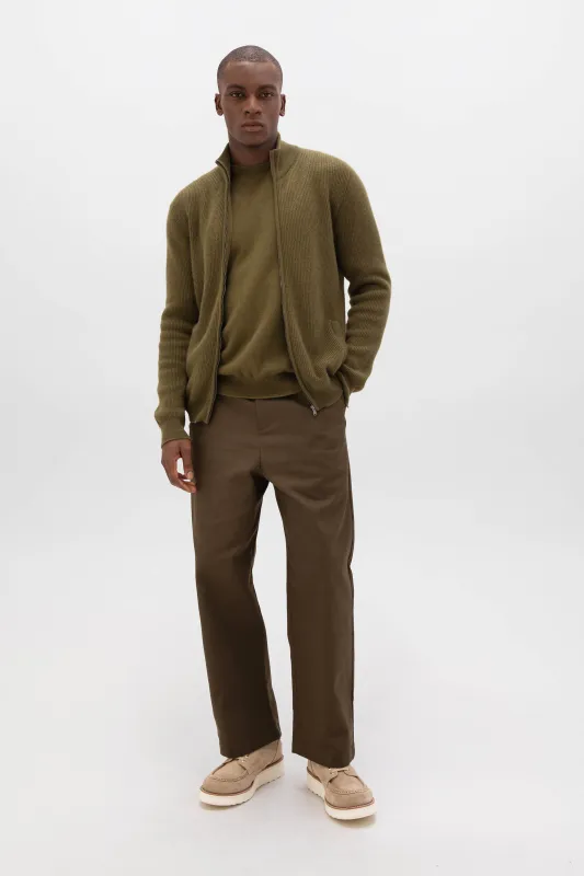 Front Zip Olive Green Cashmere Cardigan sold by Johnstons of Elgin