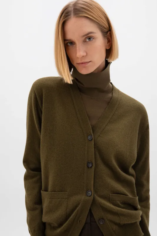 Cashmere Boyfriend Olive Green Cardigan sold by Johnstons of Elgin