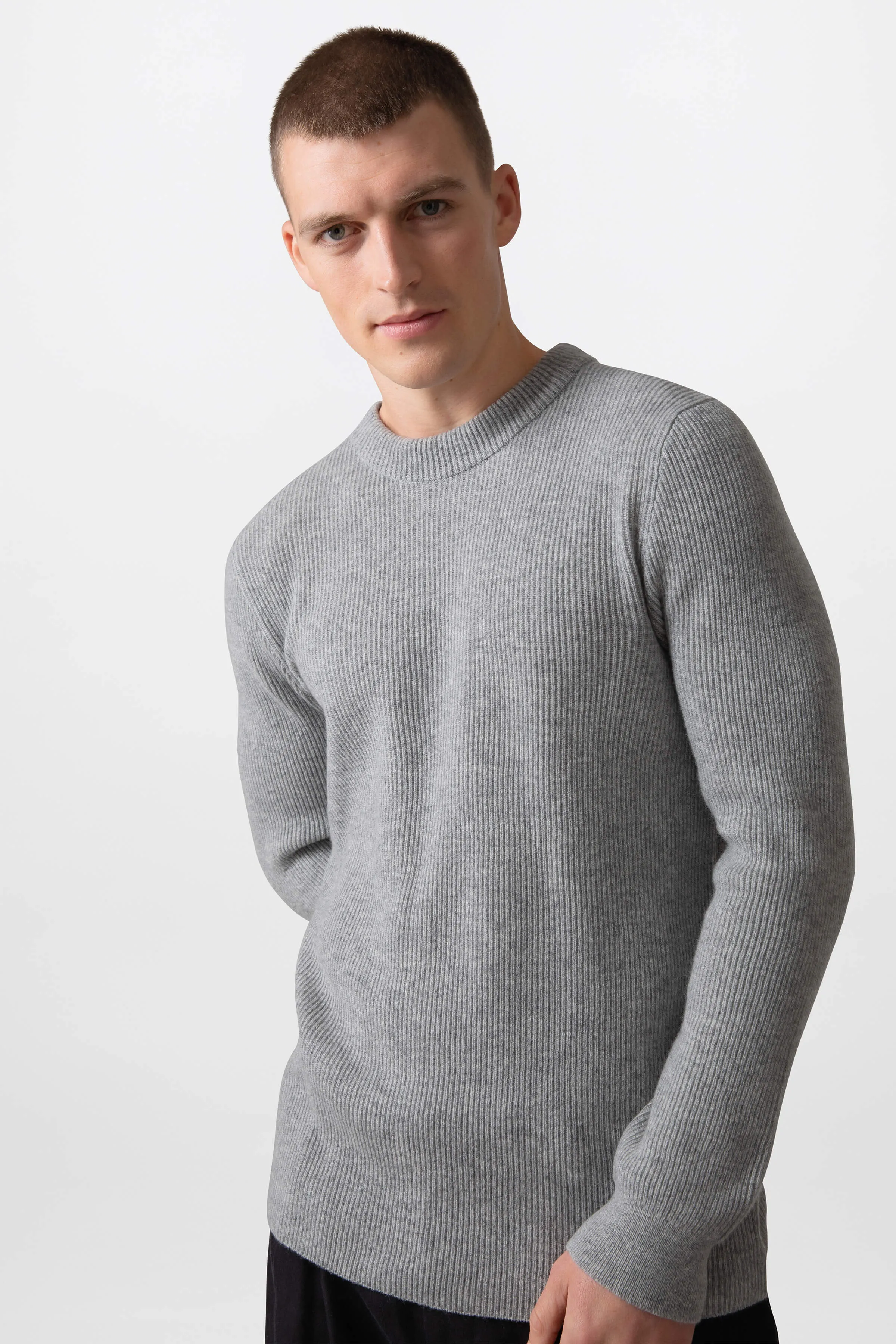 Men's Ribbed Grey Cashmere Jumper sold by Johnstons of Elgin product image thumbnail 3