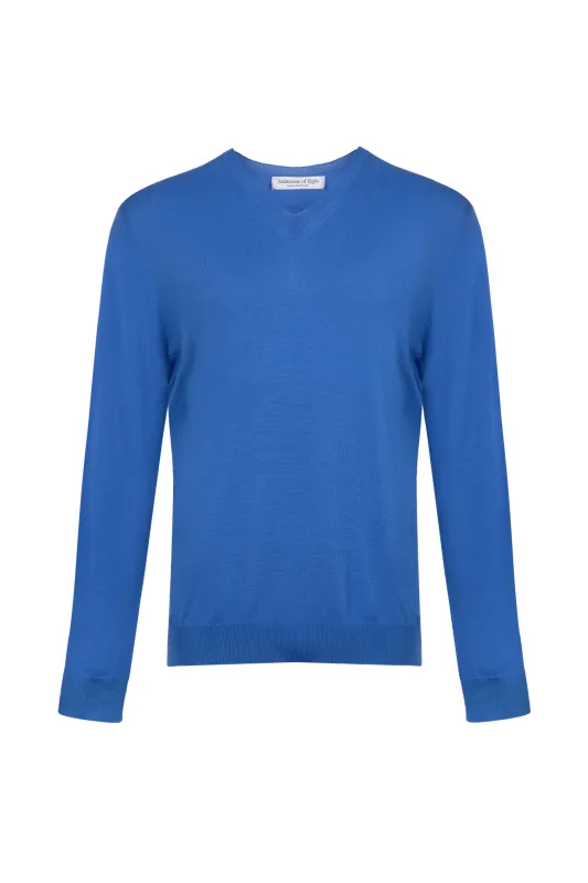 Superfine Merino V Neck Blue Jumper sold by Johnstons of Elgin