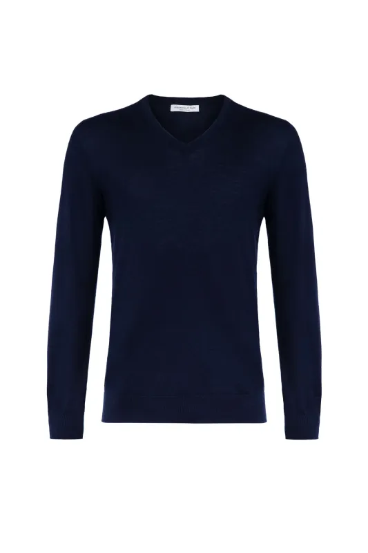 Superfine Cashmere Navy V Neck Jumper sold by Johnstons of Elgin