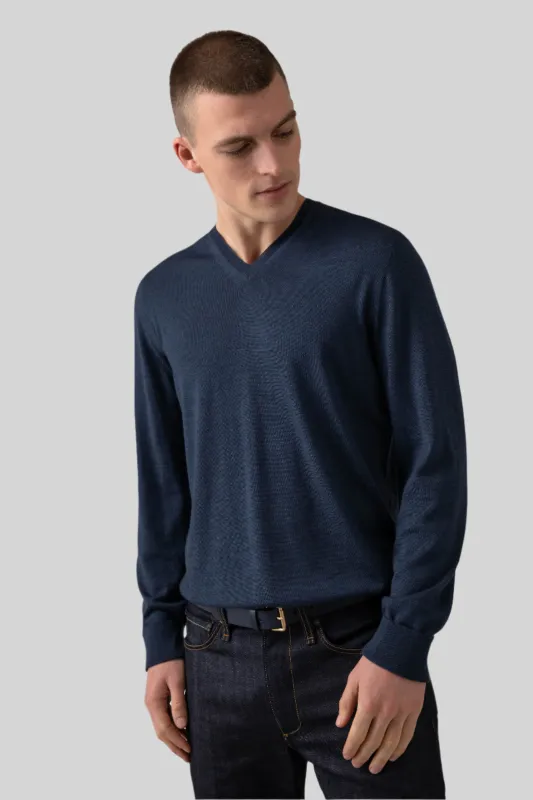 Superfine Merino V Neck Mid Blue Jumper made by Johnstons of Elgin