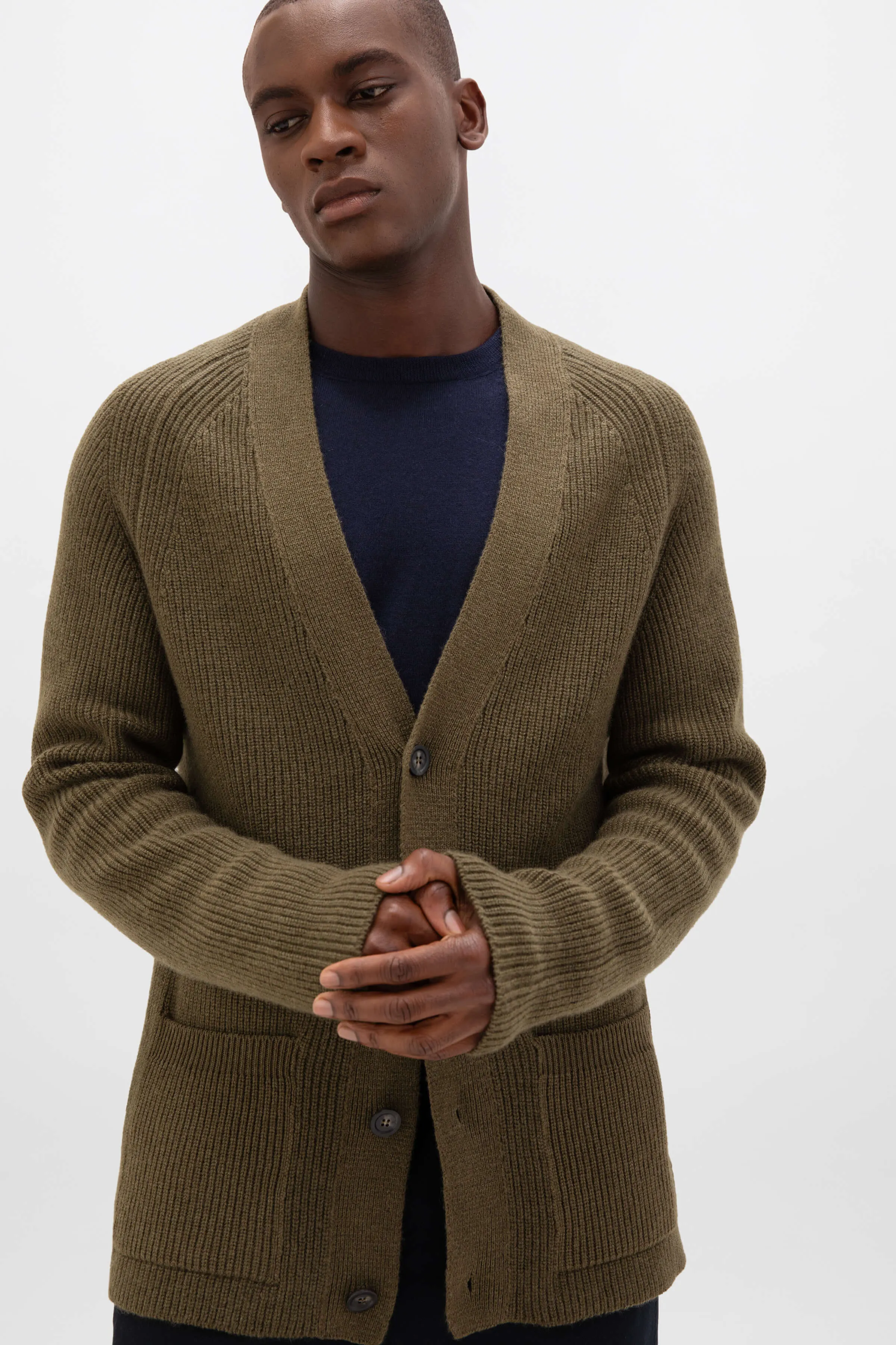 Relaxed Olive Green Cashmere Cardigan sold by Johnstons of Elgin