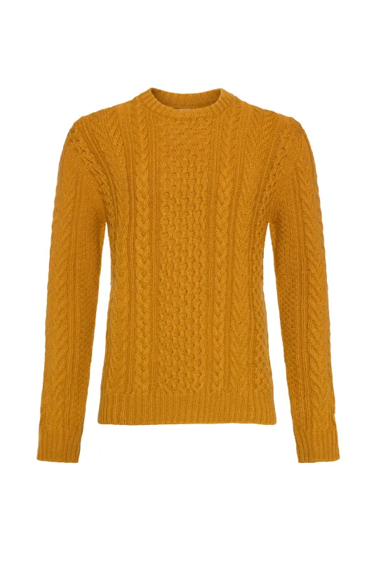 Aran Cable Dark Yellow Cashmere Jumper sold by Johnstons of Elgin